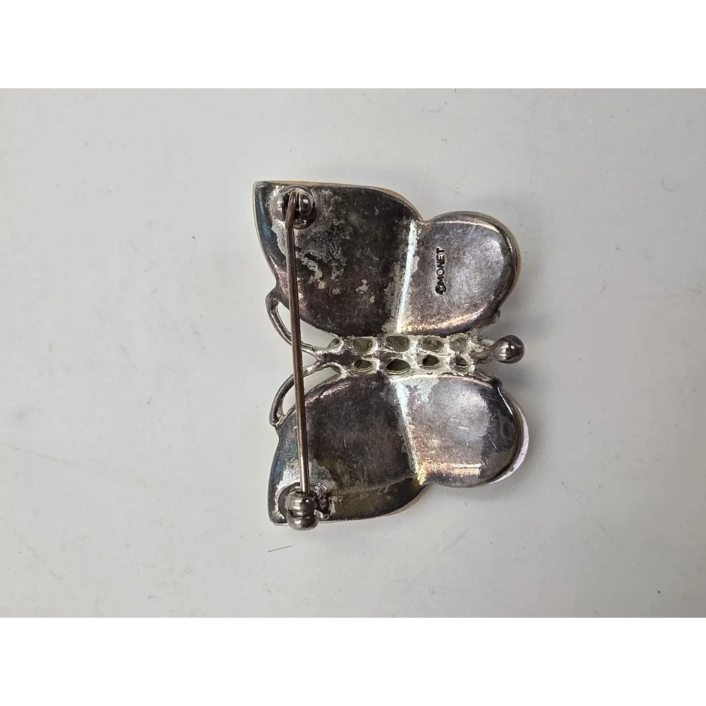 Monet Butterfly Brooch Mother of Pearl Rhinestone Silver Tone Vintage Pin